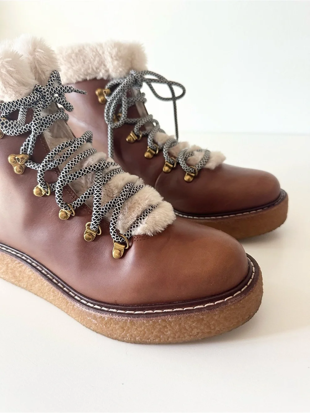 J.Crew Faux Fur Lined Brown Leather Lace Up Nordic Hiking Boots Size 8.5